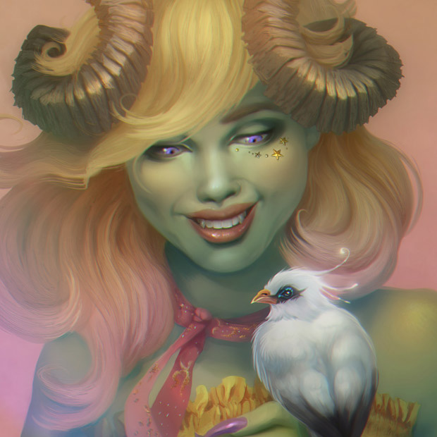 Joy the Green Tiefling and her white bird - D&D commission illustration