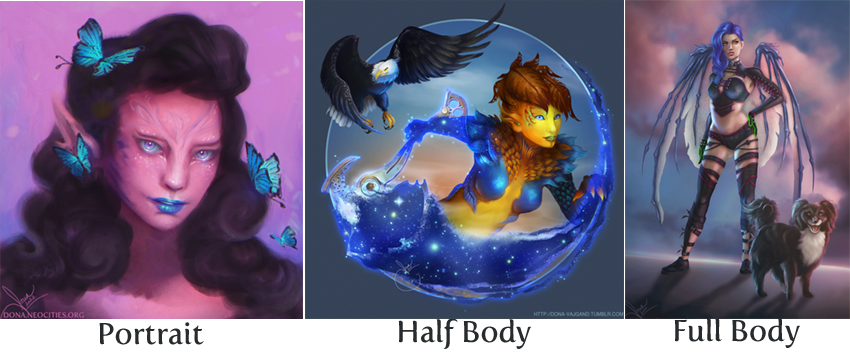 Rough painterly commission samples: portrait, half-body, and full-body