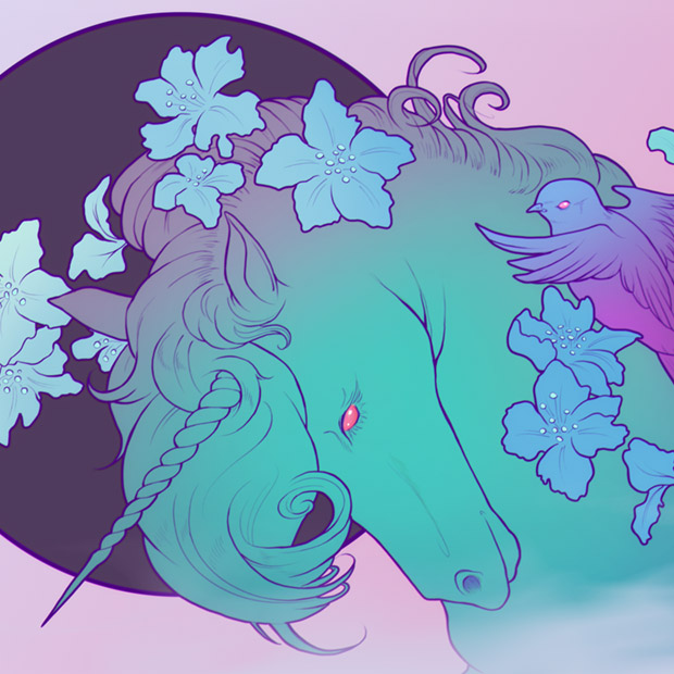 Why We Return - Personal Work - Unicorn and swallow bird with cherry flower bloom