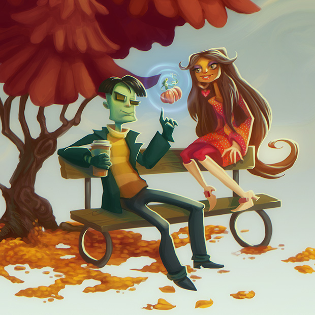 Sasha Nein and Milla Vodello in the autumn park summoning pumpkins - Psychonauts 2 Fanart illustration