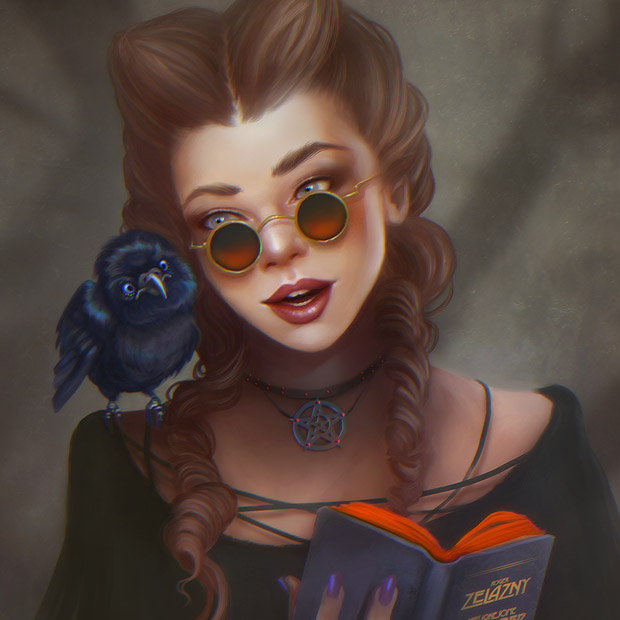 The October Witch reading to her raven - Personal Work - Halloween